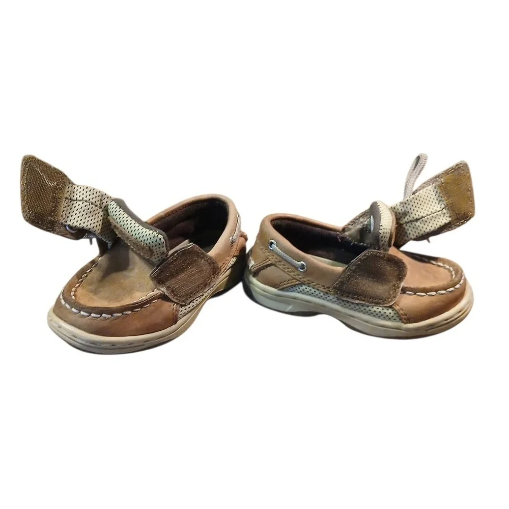 Sperry Toddler Boys Size 5M Top Sider Brown Leather Boat Shoes Hook & Loop Close